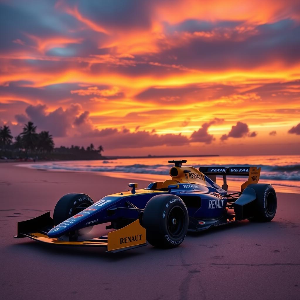 A stunning scene featuring the Renault F1 R25 car on a beautiful beach during sunset
