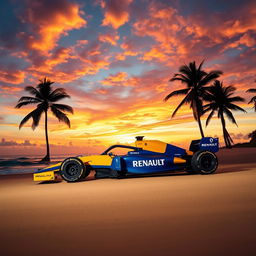 A stunning scene featuring the Renault F1 R25 car on a beautiful beach during sunset