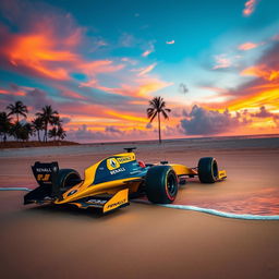 A stunning scene featuring the Renault F1 R25 car on a beautiful beach during sunset