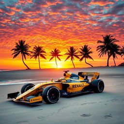 A stunning scene featuring the Renault F1 R25 car on a beautiful beach during sunset