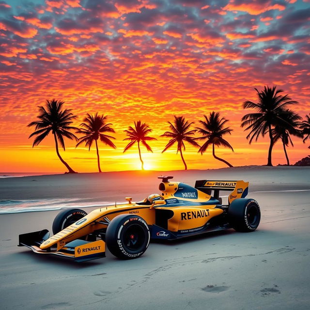 A stunning scene featuring the Renault F1 R25 car on a beautiful beach during sunset