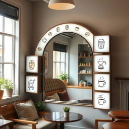 A charming coffee shop corner featuring a large arch-shaped mirror surrounded by illuminated light boxes