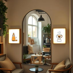A charming coffee shop corner featuring a large arch-shaped mirror surrounded by illuminated light boxes