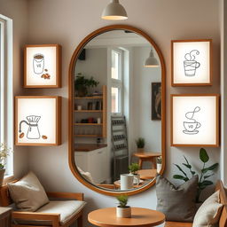 A charming coffee shop corner featuring a large arch-shaped mirror surrounded by illuminated light boxes