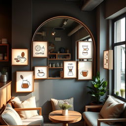 A charming coffee shop corner featuring a large arch-shaped mirror surrounded by illuminated light boxes
