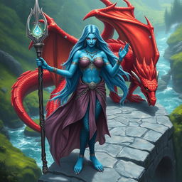 A powerful female merfolk badass wizard with striking blue skin, standing confidently on a stone bridge