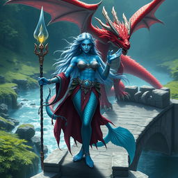 A powerful female merfolk badass wizard with striking blue skin, standing confidently on a stone bridge