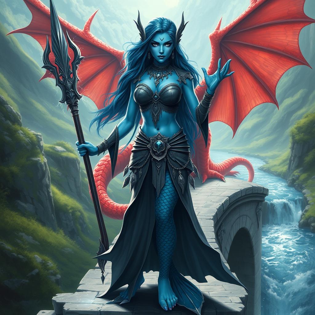 A powerful female merfolk badass wizard with striking blue skin, standing confidently on a stone bridge
