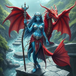 A powerful female merfolk badass wizard with striking blue skin, standing confidently on a stone bridge