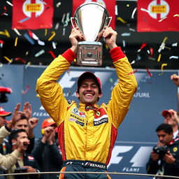 A triumphant scene capturing Fernando Alonso celebrating his victory as the 2005 Formula 1 World Champion
