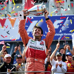 A triumphant scene capturing Fernando Alonso celebrating his victory as the 2005 Formula 1 World Champion