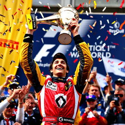 A triumphant scene capturing Fernando Alonso celebrating his victory as the 2005 Formula 1 World Champion