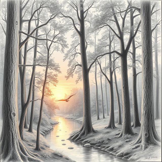 A highly detailed pencil drawing of a serene forest landscape at sunset, showcasing tall trees with intricate bark textures and leaves, dappled sunlight filtering through branches, a gently flowing river reflecting the warm hues of orange and pink in the sky, and a few birds flying in the distance