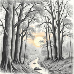 A highly detailed pencil drawing of a serene forest landscape at sunset, showcasing tall trees with intricate bark textures and leaves, dappled sunlight filtering through branches, a gently flowing river reflecting the warm hues of orange and pink in the sky, and a few birds flying in the distance