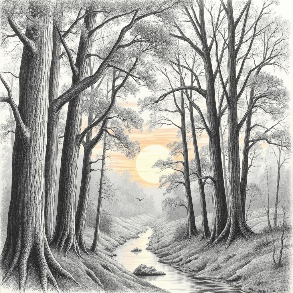 A highly detailed pencil drawing of a serene forest landscape at sunset, showcasing tall trees with intricate bark textures and leaves, dappled sunlight filtering through branches, a gently flowing river reflecting the warm hues of orange and pink in the sky, and a few birds flying in the distance