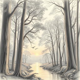 A highly detailed pencil drawing of a serene forest landscape at sunset, showcasing tall trees with intricate bark textures and leaves, dappled sunlight filtering through branches, a gently flowing river reflecting the warm hues of orange and pink in the sky, and a few birds flying in the distance
