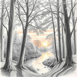 A highly detailed pencil drawing of a serene forest landscape at sunset, showcasing tall trees with intricate bark textures and leaves, dappled sunlight filtering through branches, a gently flowing river reflecting the warm hues of orange and pink in the sky, and a few birds flying in the distance