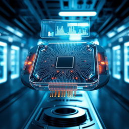 A futuristic neural chip design, showcasing intricate circuitry and glowing pathways, encapsulated in a transparent casing