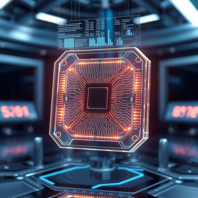 A futuristic neural chip design, showcasing intricate circuitry and glowing pathways, encapsulated in a transparent casing