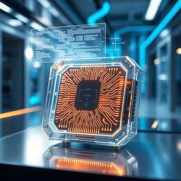A futuristic neural chip design, showcasing intricate circuitry and glowing pathways, encapsulated in a transparent casing