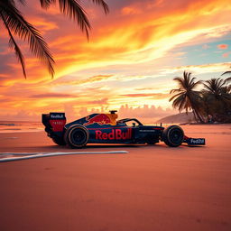 A mesmerizing scene featuring the Red Bull F1 RB20 car positioned on a stunning beach during sunset