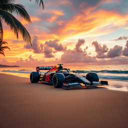 A mesmerizing scene featuring the Red Bull F1 RB20 car positioned on a stunning beach during sunset