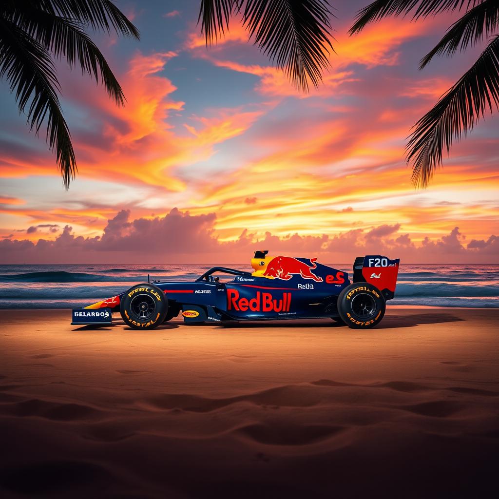 A mesmerizing scene featuring the Red Bull F1 RB20 car positioned on a stunning beach during sunset