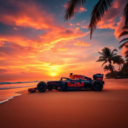 A mesmerizing scene featuring the Red Bull F1 RB20 car positioned on a stunning beach during sunset