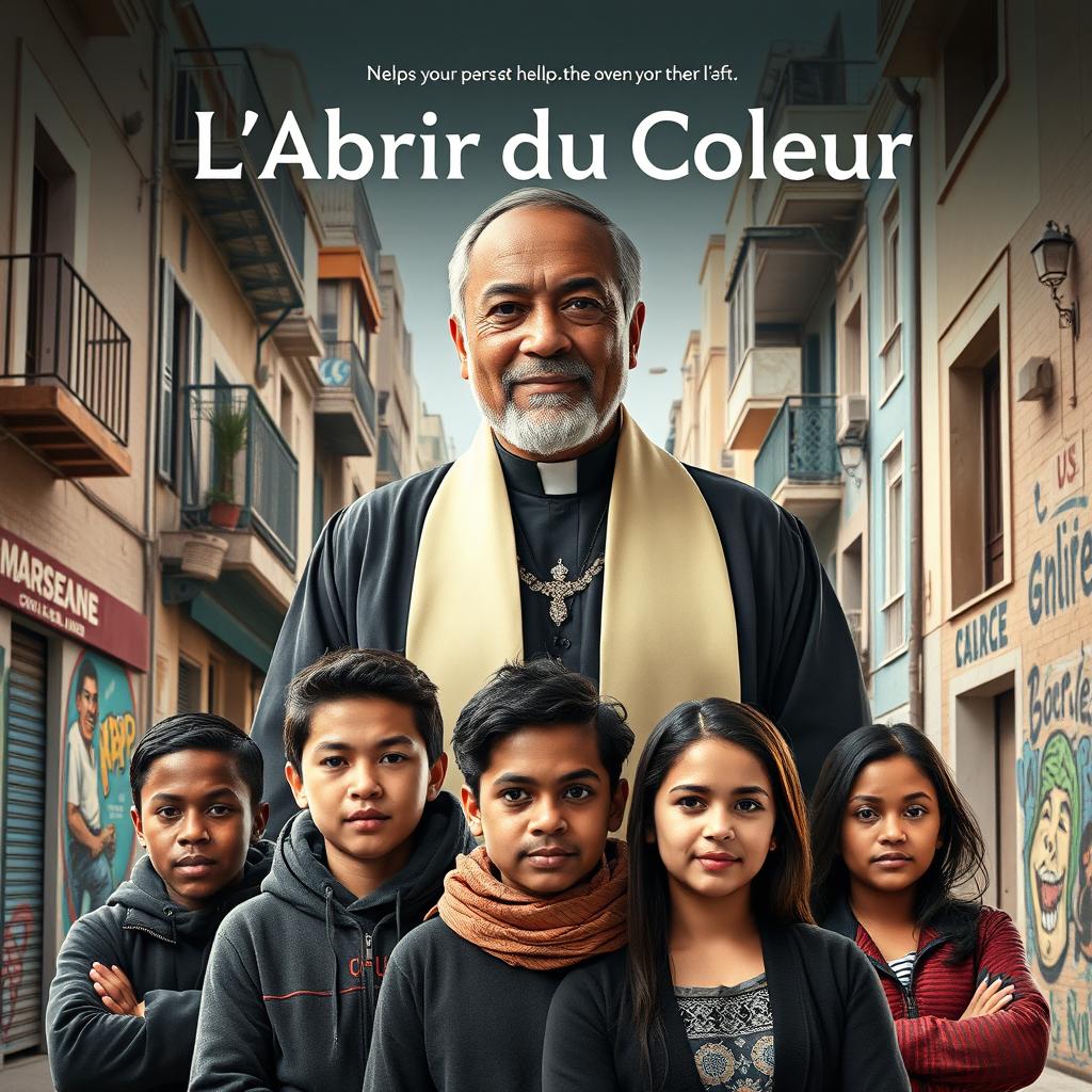 A movie poster titled 'L'Abri du Coeur', featuring a kind, wise priest prominently in the center as the main character, symbolizing hope and guidance
