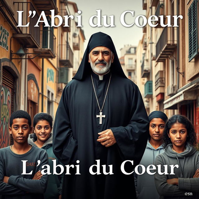 A movie poster titled 'L'Abri du Coeur', featuring a kind, wise priest prominently in the center as the main character, symbolizing hope and guidance