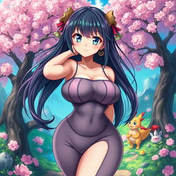 A voluptuous anime girl with exaggerated features, especially her large breasts, wearing a form-fitting outfit that accentuates her curves