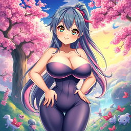 A voluptuous anime girl with exaggerated features, especially her large breasts, wearing a form-fitting outfit that accentuates her curves