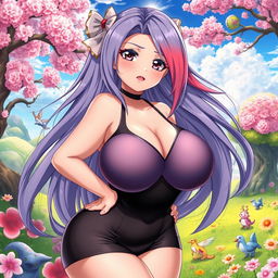 A voluptuous anime girl with exaggerated features, especially her large breasts, wearing a form-fitting outfit that accentuates her curves