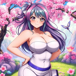 A voluptuous anime girl with exaggerated features, especially her large breasts, wearing a form-fitting outfit that accentuates her curves