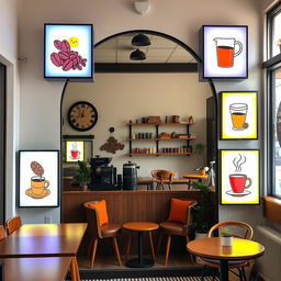 An enchanting coffee shop corner showcasing a large arch-shaped mirror that reaches the floor, framed by vibrant light boxes of equal size