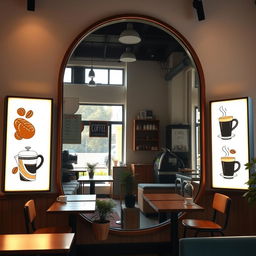 An enchanting coffee shop corner showcasing a large arch-shaped mirror that reaches the floor, framed by vibrant light boxes of equal size