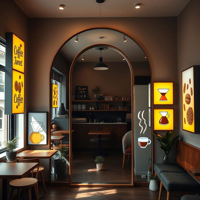 An enchanting coffee shop corner showcasing a large arch-shaped mirror that reaches the floor, framed by vibrant light boxes of equal size