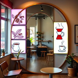 An enchanting coffee shop corner showcasing a large arch-shaped mirror that reaches the floor, framed by vibrant light boxes of equal size