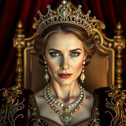 A stunning portrait of a regal queen adorned in an intricate gown embellished with gold and jewels