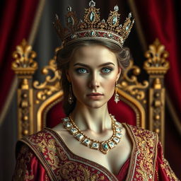 A stunning portrait of a regal queen adorned in an intricate gown embellished with gold and jewels