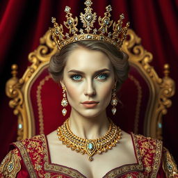 A stunning portrait of a regal queen adorned in an intricate gown embellished with gold and jewels