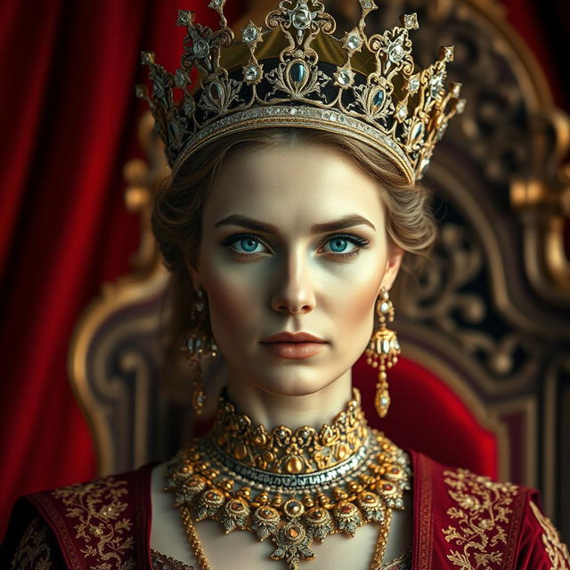 A stunning portrait of a regal queen adorned in an intricate gown embellished with gold and jewels