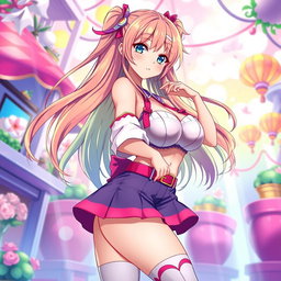 Anime girl with large breasts, dressed in a stylish, colorful outfit that complements her figure, vibrant hair flowing down her back, in a dynamic pose that showcases her confidence