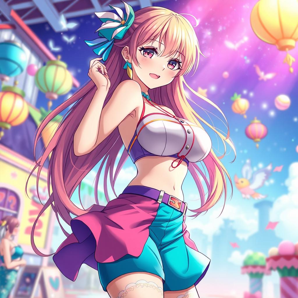 Anime girl with large breasts, dressed in a stylish, colorful outfit that complements her figure, vibrant hair flowing down her back, in a dynamic pose that showcases her confidence