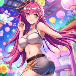 Anime girl with large breasts, dressed in a stylish, colorful outfit that complements her figure, vibrant hair flowing down her back, in a dynamic pose that showcases her confidence