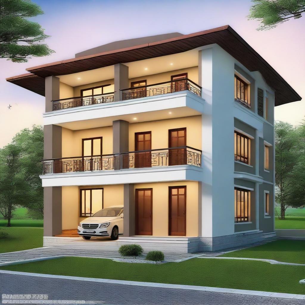 A beautiful two-story house in the Assam design, with a sheet on the first floor and a balcony area.