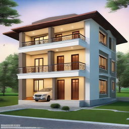 A beautiful two-story house in the Assam design, with a sheet on the first floor and a balcony area.