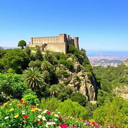 A picturesque view of Montjuïc mountain featuring the iconic Montjuïc Castle perched atop