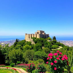 A picturesque view of Montjuïc mountain featuring the iconic Montjuïc Castle perched atop