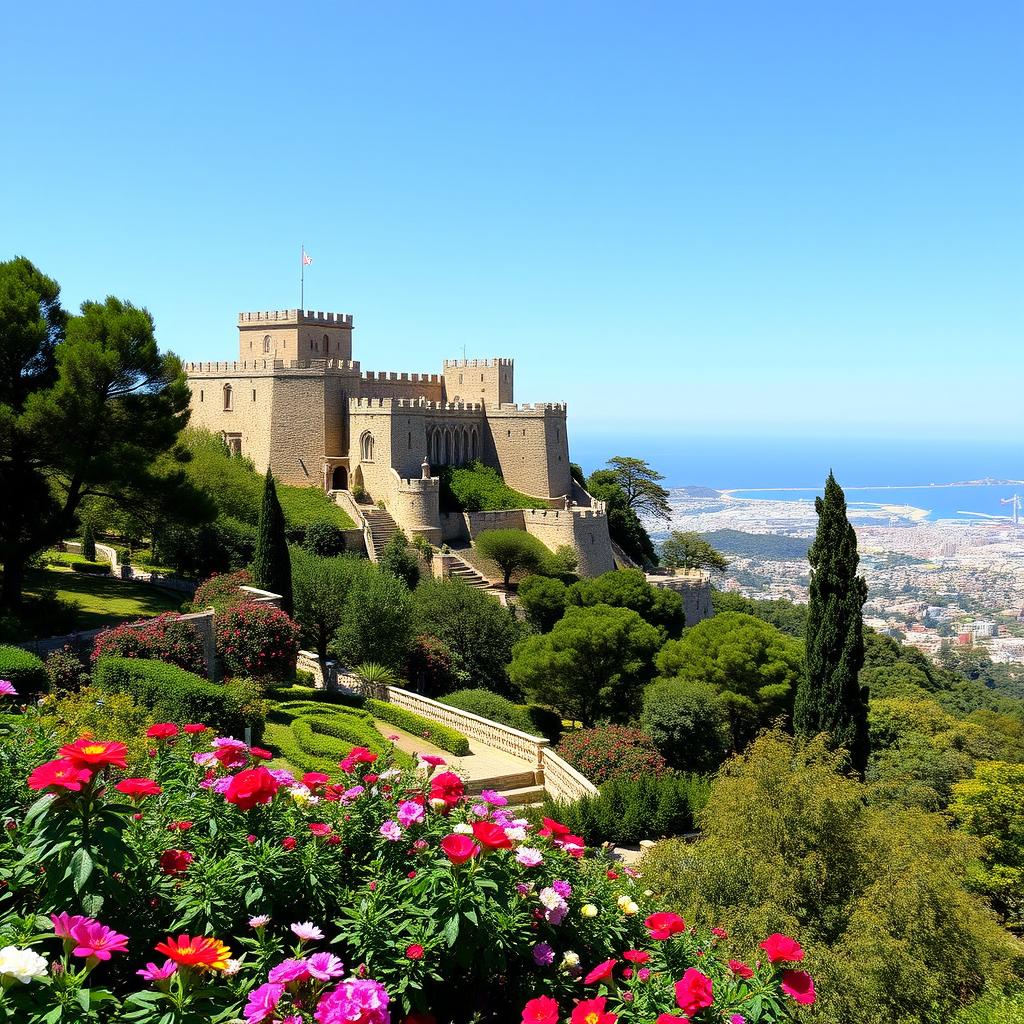 A picturesque view of Montjuïc mountain featuring the iconic Montjuïc Castle perched atop